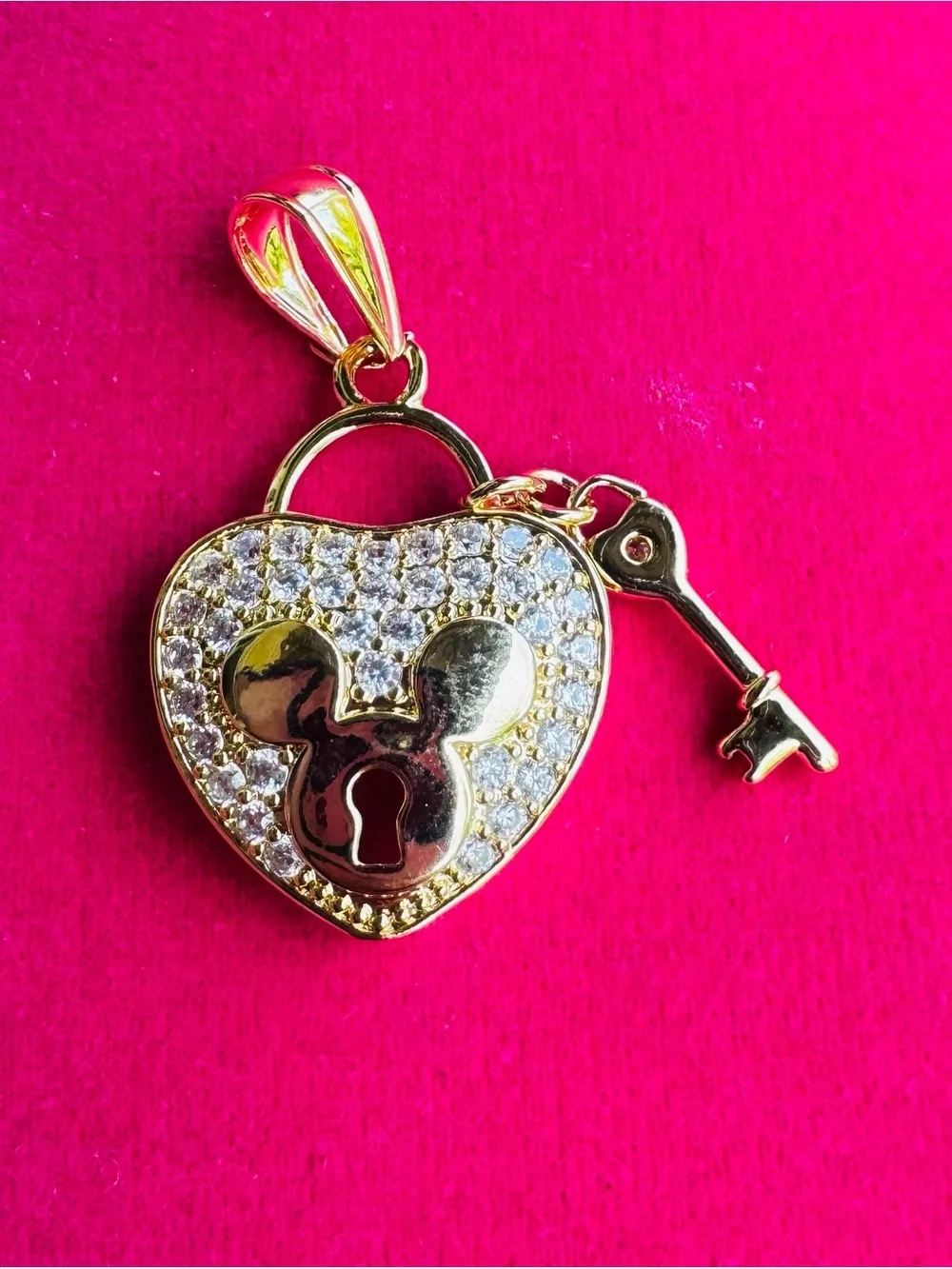 Gold Filled Mouse Heart Lock & Key CZ Pendant